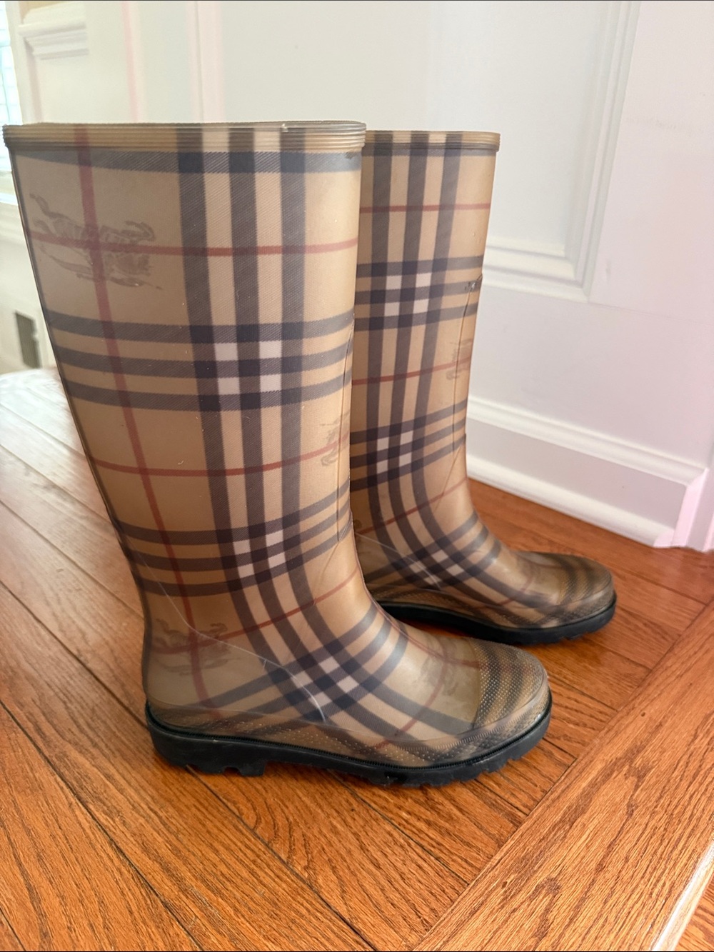 Burberry Plaid Mid-Calf Rain Boots - Beige, Black, Red